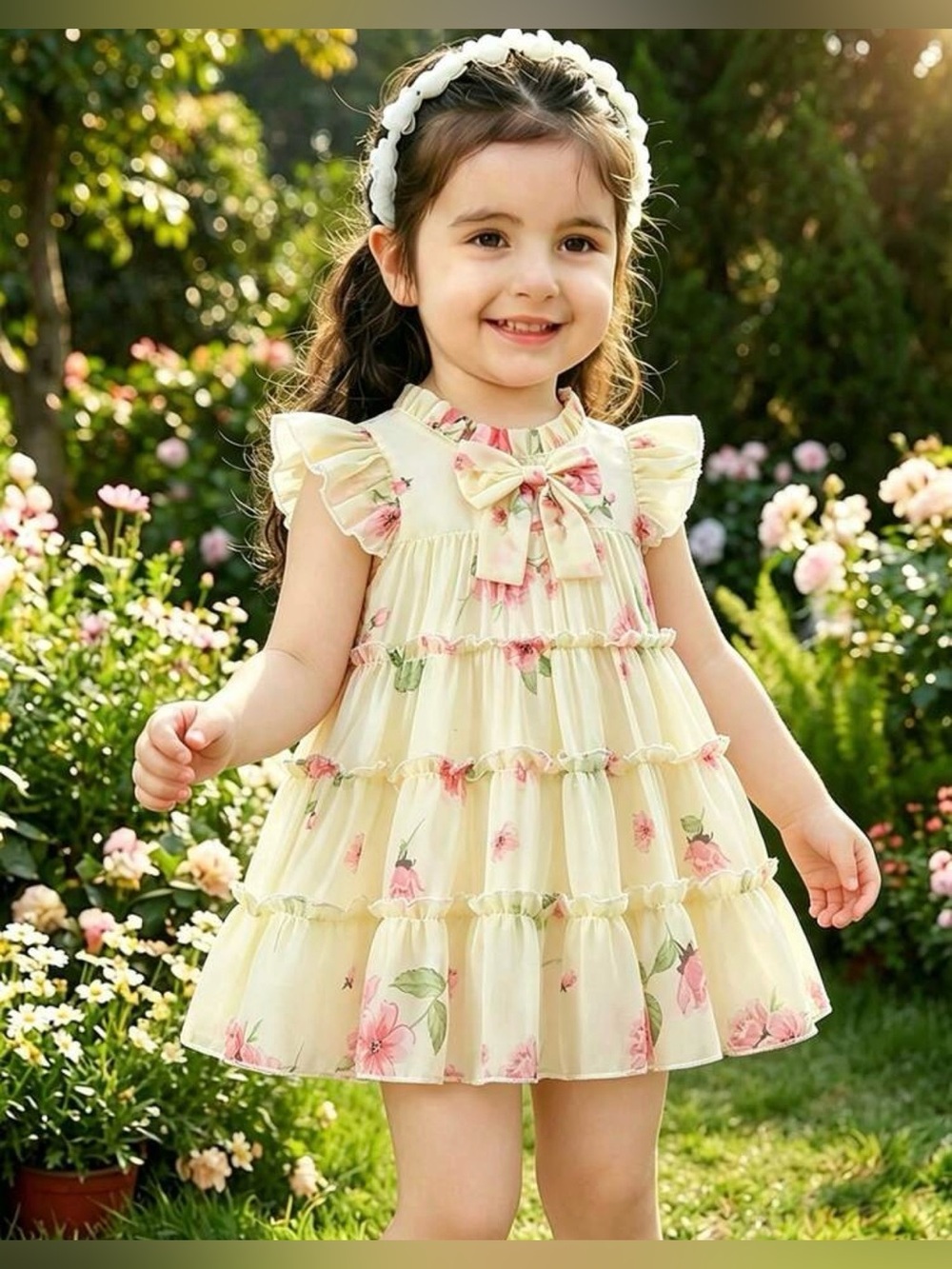 🌸🆕🌸Girls Cream Floral Ruffled Princess Dress with Pink Flowers (2-3Y/36-39) - Picture 2 of 2